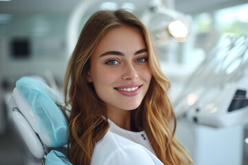 Young caucasian smiling woman sitting in dental chair at medical center.