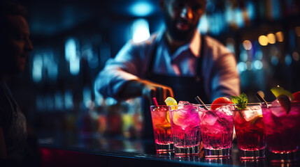 barman gently pours finished cocktail from glass shaker into glass. Body of bartender in black apron on background.