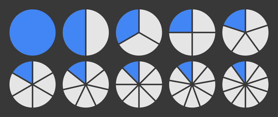 Circle divided into 1-10 parts icon set.  Full circle segment diagram in 1-10 parts graph icon pie shape section chart in blue and white color. Circle divided in ten parts infographics.