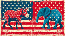Stylized Representations Of A Donkey And An Elephant With The American Flag, Symbolizing The Democratic And Republican Parties.