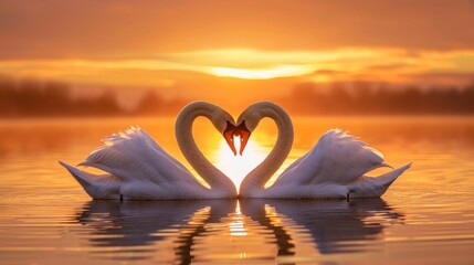 Two swans making a heart shape at sunset forming a pattern of love