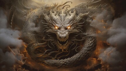 Dragon head with fire and smoke. 3D illustration. Fantasy.