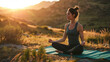 © Studio Nova - Woman is practicing yoga in a lotus pose, meditating peacefully during sunset in a serene outdoor setting.