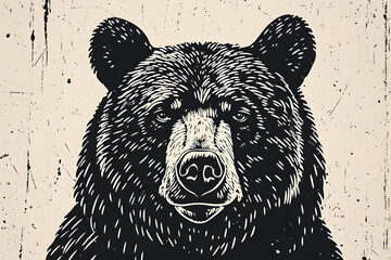 hand drawn bear in a minimal linocut style. black and white graphic illustration isolated on white b