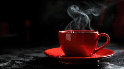 Poster - Bright red coffee cup filled with a steaming hot coffee, on a dark background