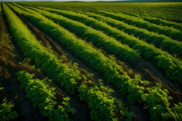 A panoramic view of a lush landscape, featuring colorful fields and meticulously aligned rows of currant bush seedlings. The vibrant hues and perfect lighting
