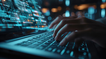 Canvas Print - Close-up of a person's hands typing on a laptop keyboard, with the screen displaying futuristic digital data graphics