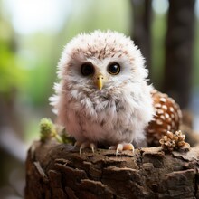 Photo Of A Baby Puffball Mushroom-shaped Owl Chick. Generative AI