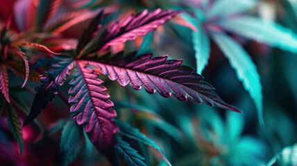 Neon marijuana leaves close up shiny leaves of flowering cannabis bushes