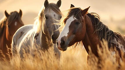 Naklejka na meble Horses free run on desert storm against sunset sky. Neural network AI generated art