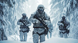 Fototapeta  - Armed unit of special forces on their winter mission walks in snowy woods.. Postproducted generative AI illustration.
