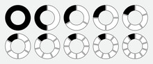 Hollow Circle Divided Into 1-10 Parts Icon Set In Black And White Color With Outline. Hollow Circle Segment Diagram In 1-10 Parts Graph Icon Pie Shape Section Chart In Black On White Background.