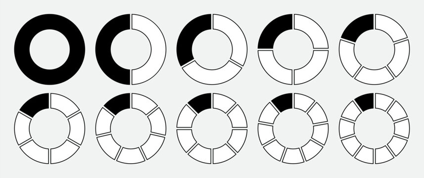 hollow circle divided into 1-10 parts icon set in black and white color with outline. hollow circle 
