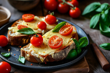 Wall Mural - Baked sandwich with cheese and cherry tomatoes on dark bread decorated with fresh basil leaves