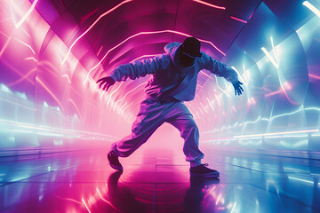 Man dancing hip-hop isolated on dark background in mixed neon light