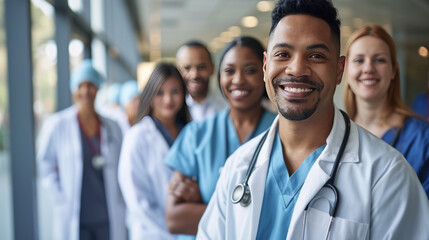 Wall Mural - Diverse group of medical professionals, with a doctor in a white lab coat and stethoscope at the forefront, smiling at the camera.