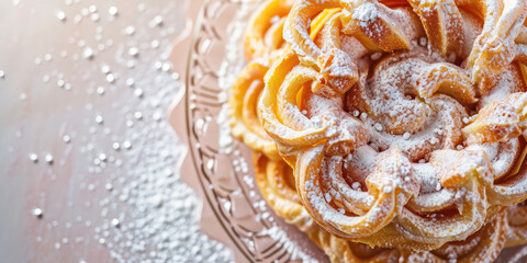 Wall Mural - Top view Funnel Cake on kitchen background with copy space. Sweet fried cake twists.