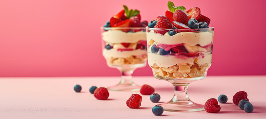 Layered trifle with fresh berries and cream on a pastel background. Decadent Berry Trifle Delight on kitchen background with copy space for text.