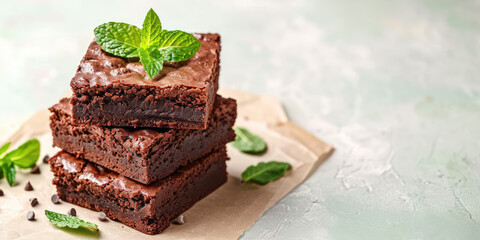 Wall Mural - Mint Chocolate Brownies. Rich chocolate brownies with creme de menthe, garnished with fresh mint leaves on grey kitchen background with copy space.