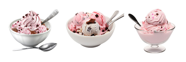 Set of Neapolitan ice cream in a bowl with a spoon isolated on transparent or White Background