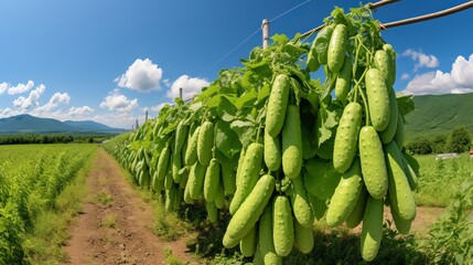 Wall Mural - Vibrant and lush cucumber harvest thriving on an open plantation on a blissful summer day.