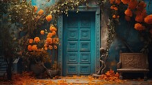 A Blue Door Is Surrounded By Orange Flowers