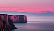 Minimalist landscape with cliffs and a pink sunset behind it