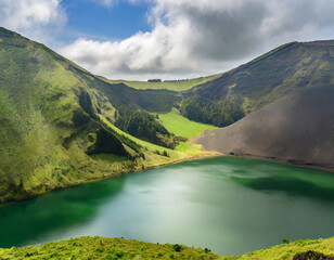 Wall Mural - Minimalist scenery of a green lake between the volcanic mountains