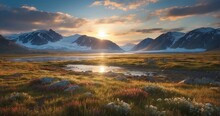 A Scene Of The Arctic Tundra Under The Perpetual Glow Of The Midnight Sun, With Snow-capped Mountains And Hardy Vegetation - Generative AI