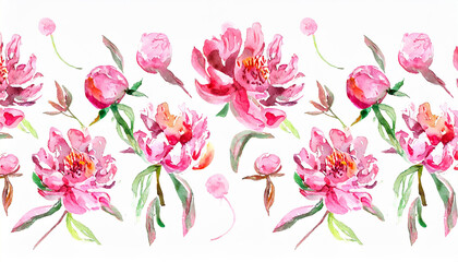 Wall Mural - Playful peony pattern_ beautiful peonies_ many pink flowers_ watercolor drawing