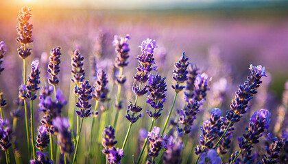 Wall Mural - Purple lavender flowers field at summer with burred background. Close-up macro image.