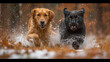 A playful duo of a retriever and a black puma racing through a snowy glade, leaving behind a trail of paw prints in the powdery snow, embodying the pure joy of companionship in a f