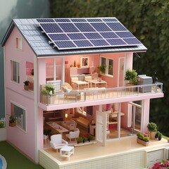 Poster - Luxury pink mansion with solar panels in barbie style.