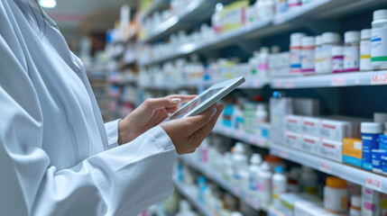 Poster - Pharmacist in a white lab coat is using a tablet in a pharmacy with shelves stocked with medications in the background.