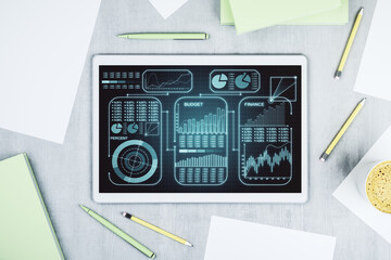 Poster - Abstract creative stats data concept on modern digital tablet screen. Top view. 3D Rendering