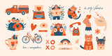 Fototapeta Pokój dzieciecy - Big set of creative clip arts to Saint Valentine's Day. Cute cartoon persons, lovers, couple, woman and man, posing, hugging. Illustrations of typewriter, pickup with hearts, bicycle, dog, cat, mail.