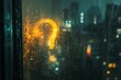 A question mark drawn on the foggy glass, glare of the night city behind the glass