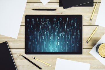 Aufkleber - Creative concept of binary code illustration on modern digital tablet screen. Big data and coding concept. Top view. 3D Rendering