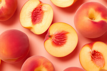 Ripe whole and sliced peaches on a pastel surface, with a soft and inviting texture.