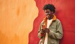 © Lumina Frame - Smiling African American gen z teen standing at color wall using mobile phone. Happy cool ethnic stylish hipster guy model holding cell phone, checking apps on mobile device, Generative AI