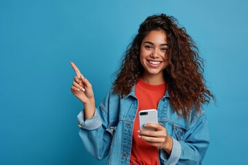 Young happy excited latin woman pointing at mobile phone isolated on blue background. Smiling female model holding cellphone using cell presenting advertising new trendy application, Generative AI