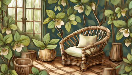 Wall Mural - Cute hellebore pattern sanctuary. Hellebore prints, soft exotic hues. Rattan furniture, tropical decor. A lively and adorable space inspired by the unique allure of hellebores.