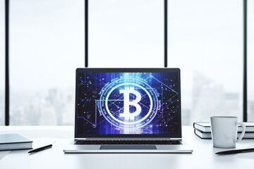 Poster - Creative Bitcoin concept on modern laptop screen. 3D Rendering