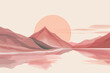 Arte abstrata minimalista de montanhas dunas e o sol - Ilustração nas cores rosa, amarelo e bege pastel. 