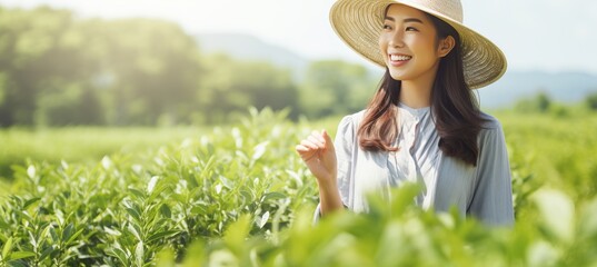 Wall Mural - Joyful chinese woman picking tea in sunny field, traditional attire, abundant light, vibrant scenery