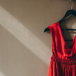 Elegant fashion clothes and accessories. Red dress on hanger. Fashion blog, social media template with copy space