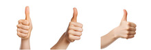 Set Of Hand Showing Thumbs Up. Woman's Hand Giving A Great Thumbs Up Isolated On Transparent Or White Background
