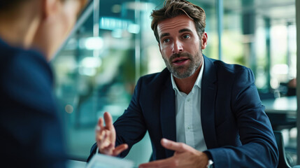 Wall Mural - Man in a conversation, gesturing with his hands while speaking to an out-of-focus person across the table, in a well-lit indoor environment suggestive of a professional meeting.