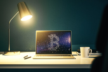 Poster - Creative Bitcoin concept on modern laptop screen. 3D Rendering
