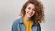 © gary - Young smiling positive woman, happy curly joyful cheerful girl student laughing, looking at camera standing isolated at white background, advertising products and services, close up headshot